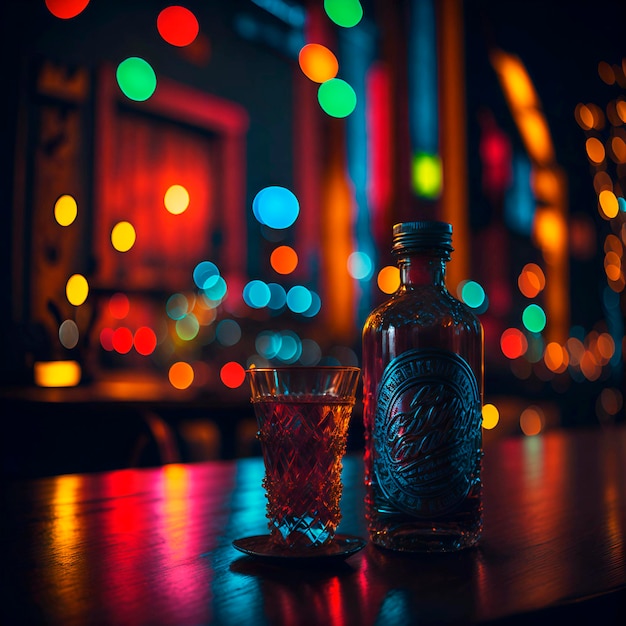 A bottle of alcohol sits on a table with a glass next to it.