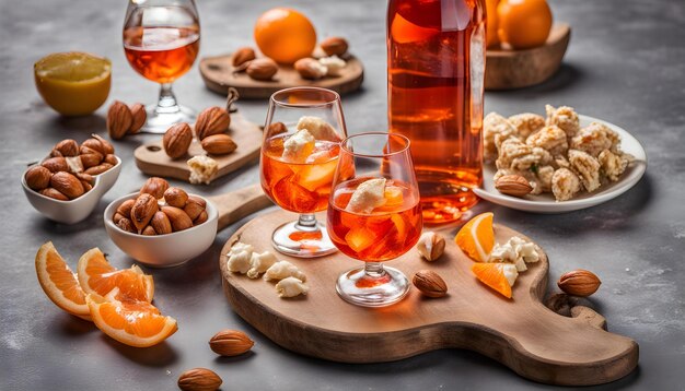 a bottle of alcohol next to some nuts and a glass of wine