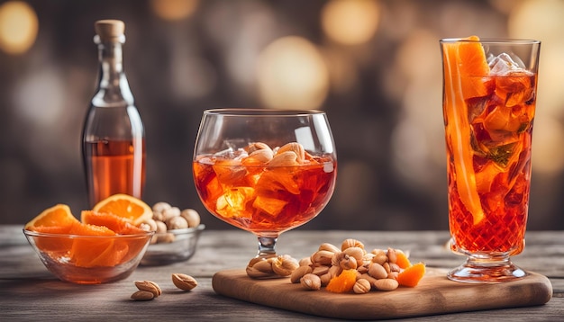 a bottle of alcohol with almonds and almonds next to a glass of wine