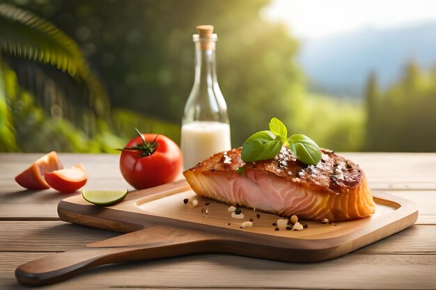 a bottle of alcohol with salmon and tomatoes on a wooden table.