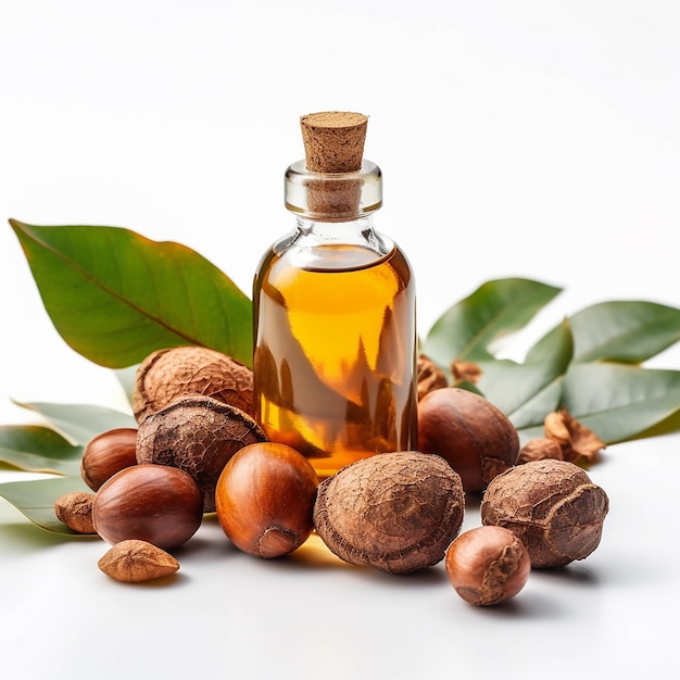 A bottle of almond oil next to a bunch of walnuts.