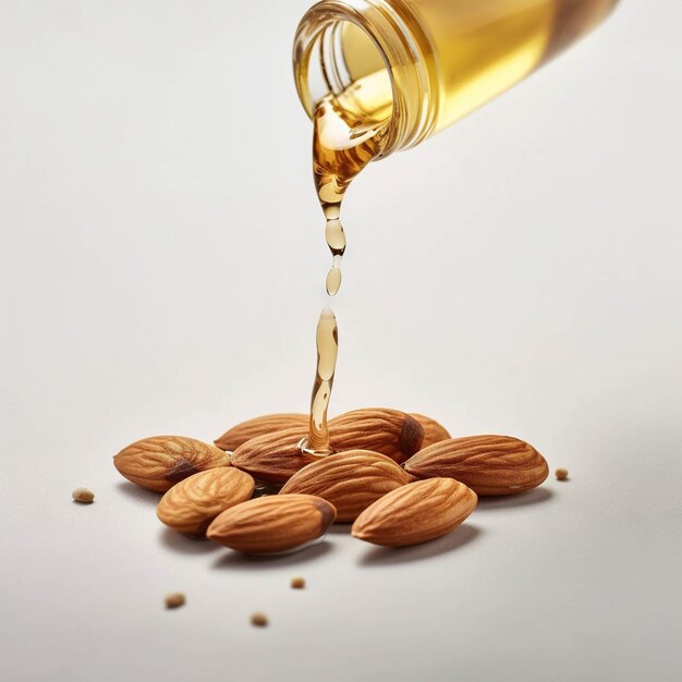 A bottle of almond oil is pouring into some almonds.