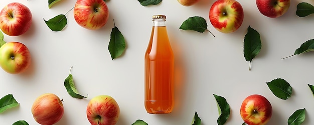 Photo a bottle of apple cider sits on a white background with apples and leaves