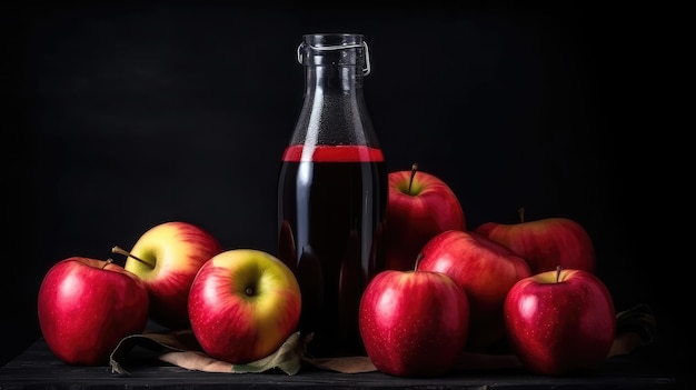 A bottle of apple juice next to a bunch of apples.