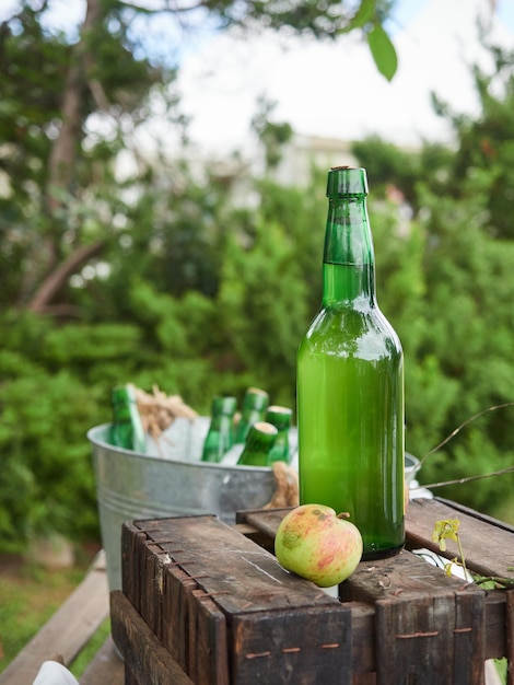 Bottle of Asturian cider fermented apple juice traditional drink typical of Asturias region in Spain