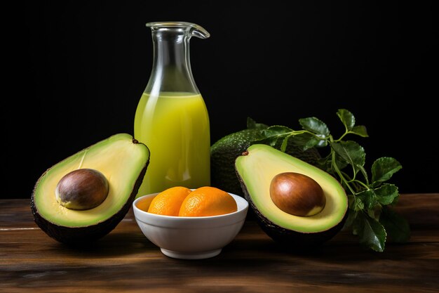 A bottle of avocado next to a bowl of avocado