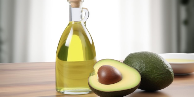 A bottle of avocado oil next to a bottle of avocado.