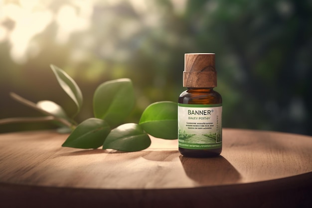 A bottle of banner essential oil sits on a wooden table.