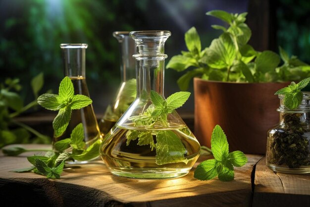 a bottle of basil with a plant in the background