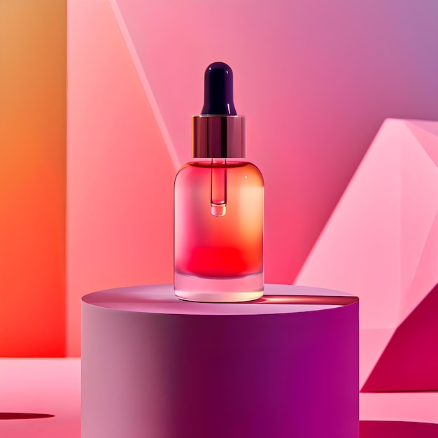 A bottle of beauty serum isolated on a background containing abstract shapes