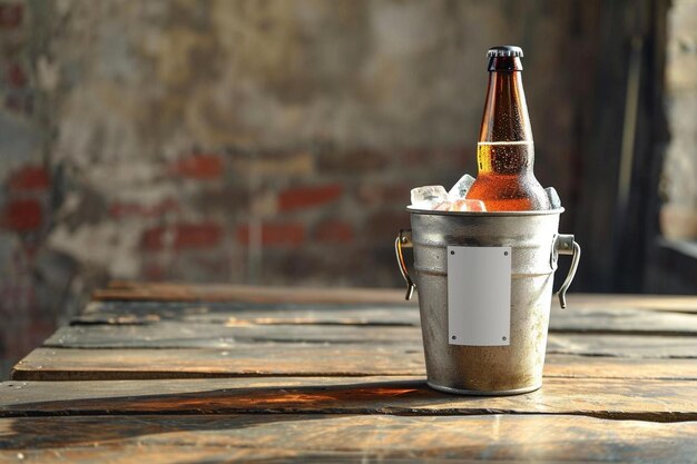 A bottle of beer in a bucket on a table