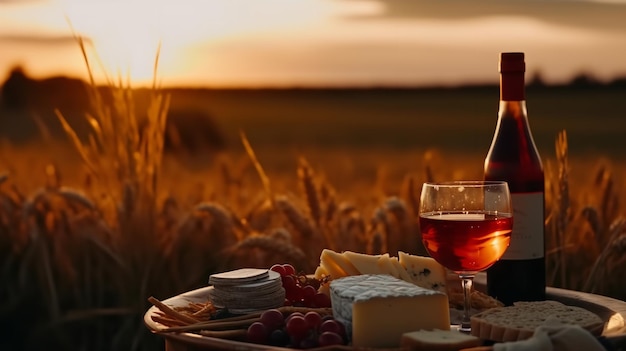 Photo a bottle of beer and cheese on a picnic table in a field at sunset