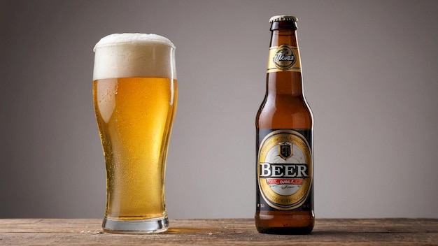 a bottle of beer next to a full glass of beer