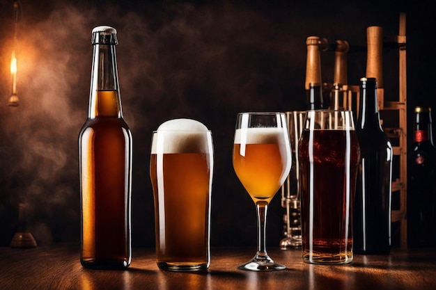 Photo a bottle of beer next to a full glass of beer