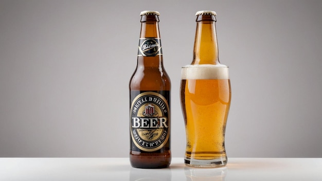 a bottle of beer next to a glass of beer