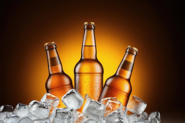 Bottle of beer in ice on a gold background Generative AI