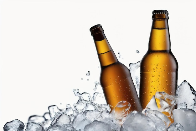 Bottle of beer in ice on a white background Generative AI