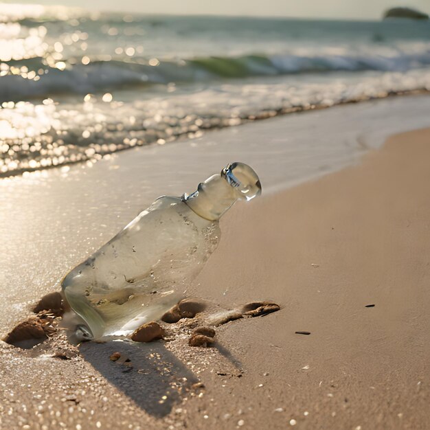 a bottle of beer is on the beach with the ocean in the background