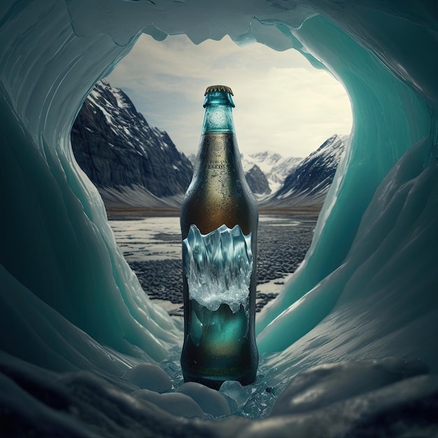 A bottle of beer is in a hole with a mountain in the background.