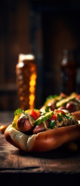 A bottle of beer is behind a hot dog.