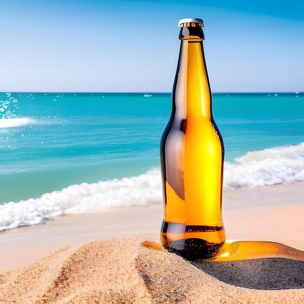 A bottle of beer is sitting in the sand on a beach.