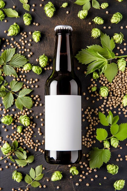 Photo a bottle of beer is on a table with a bunch of green leaves and beans