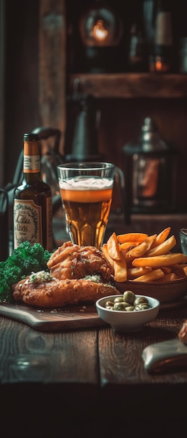 A bottle of beer and a plate of food with a bottle of beer next to it.