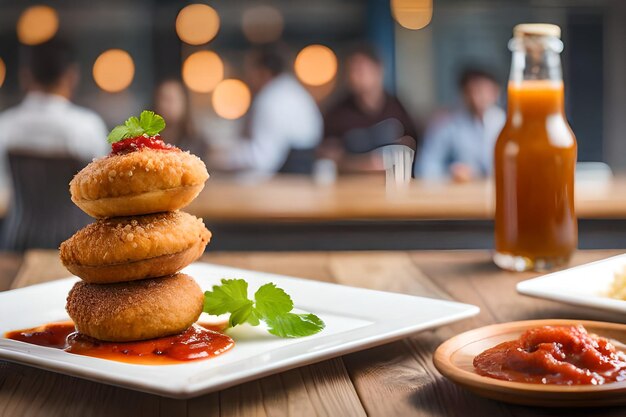 Photo a bottle of beer next to a plate of food with a bottle of beer.