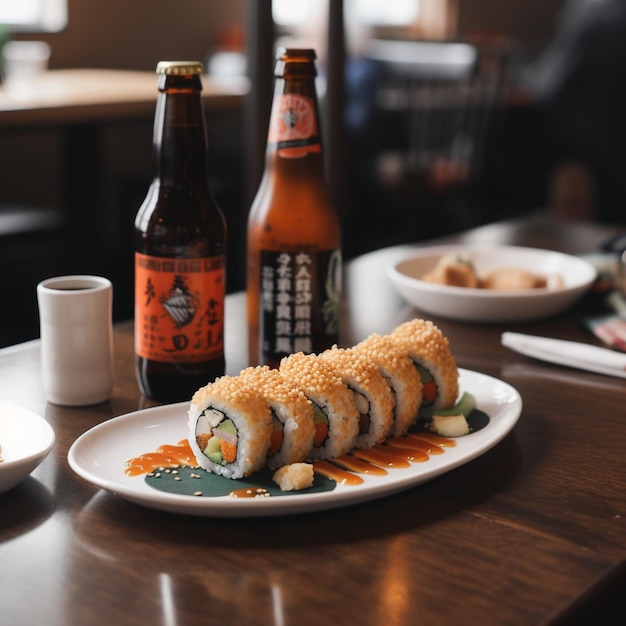 A bottle of beer next to a plate of sushi and a bottle of beer