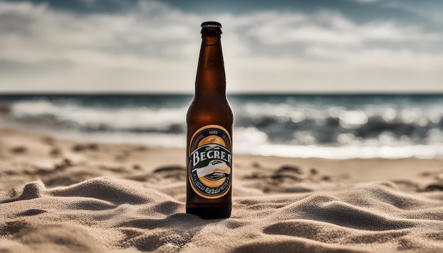 a bottle of beer sits in the sand on a beach