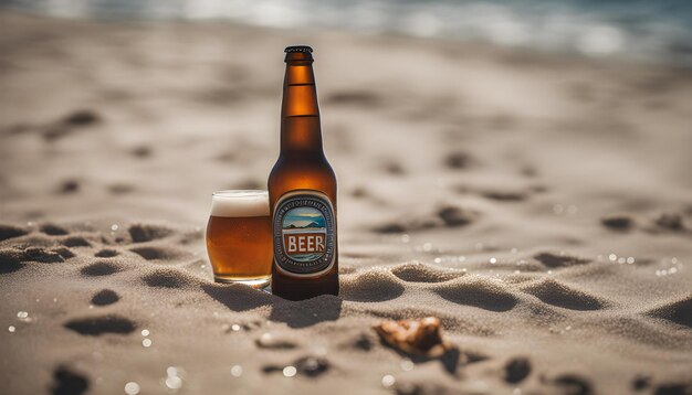 a bottle of beer sits in the sand next to a bottle of beer