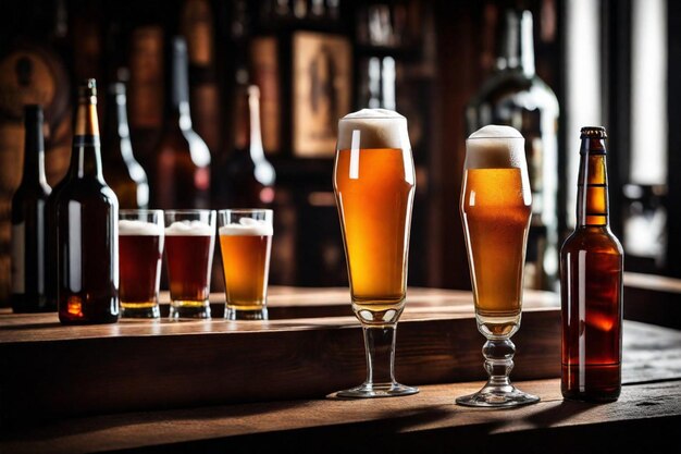 Photo a bottle of beer sits next to two glasses of beer