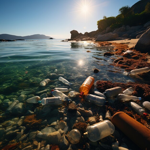 Photo a bottle of beer sits in the water with a beach in the background