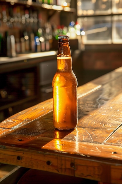 Photo a bottle of beer sits on a wooden table