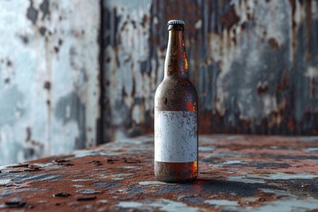 a bottle of beer sitting on a rusty surface
