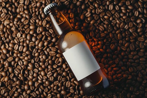 a bottle of beer sitting on top of a pile of coffee beans