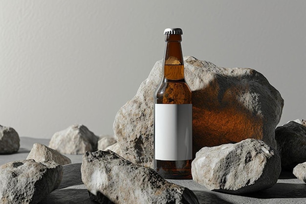 a bottle of beer sitting on top of a pile of rocks