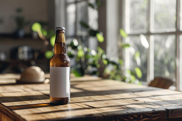 a bottle of beer sitting on top of a wooden table