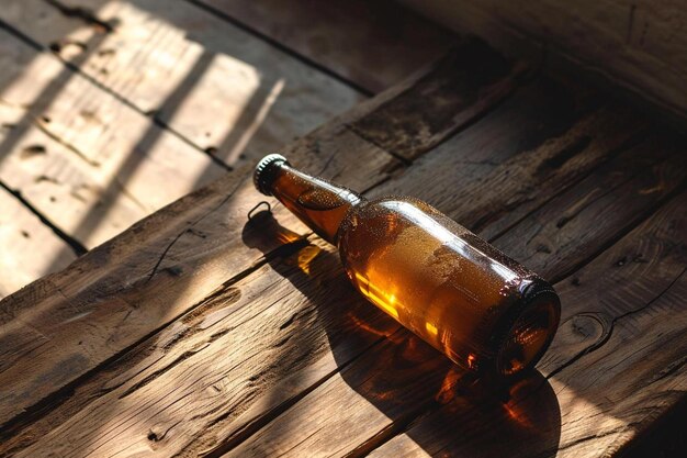 Photo a bottle of beer sitting on a wooden table