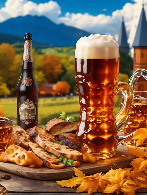 A bottle of beer with a mug of beer and a mug of beer Oktoberfest AI Generated