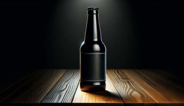 Bottle of beer on a wooden table against a dark background mockup Generative AI