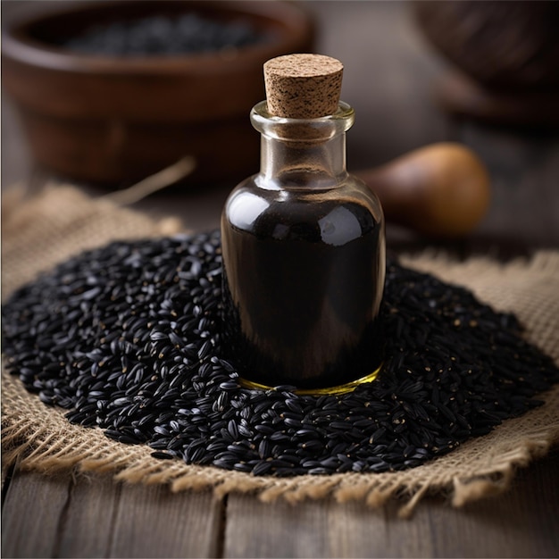 A bottle of black beans with a cork cap sits on a table next to it.