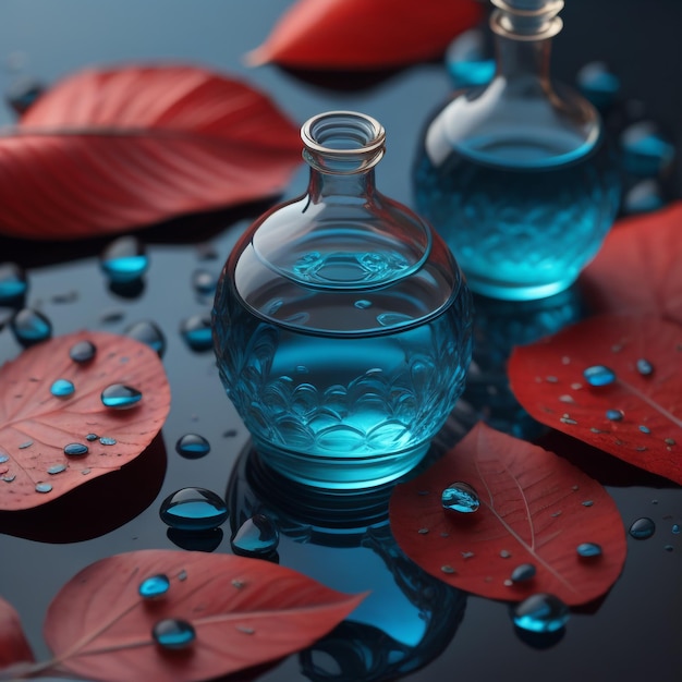 A bottle of blue liquid sits on a table with red leaves.