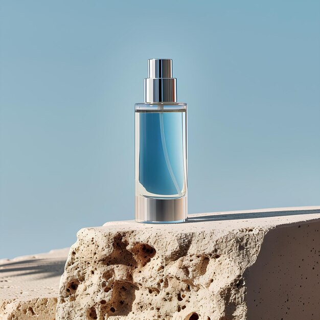 A bottle of blue liquid sitting on a rock next to a wall and a sky background with a few clouds