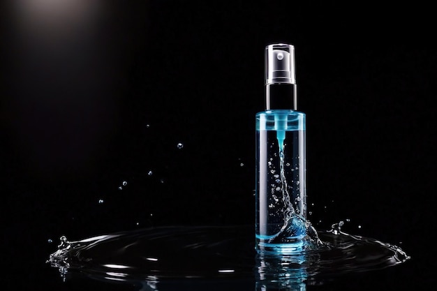 Photo a bottle of blue liquid with a black background