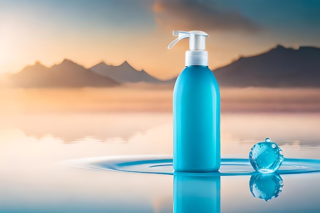 A bottle of blue liquid with a blue pump in the middle of the water.