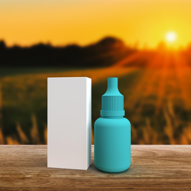 A bottle of blue liquid with a white box next to it.