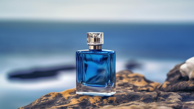 A bottle of blue perfume sits on a rock against a blue background.