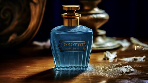 A bottle of blue perfume with a gold label that says corbet.