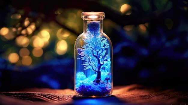 A bottle of blue tree in a bottle with a blue light on the bottom.